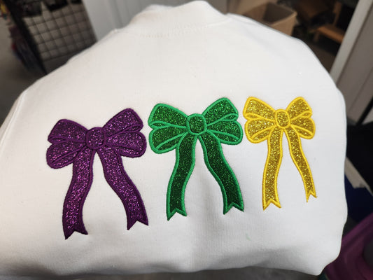 Mardi Gras Triple Bow Embroidered/Glitter Sweatshirt