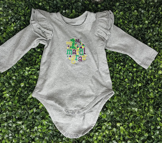 My 1st  Mardi Gras  Bodysuit with Ruffle Sleeve