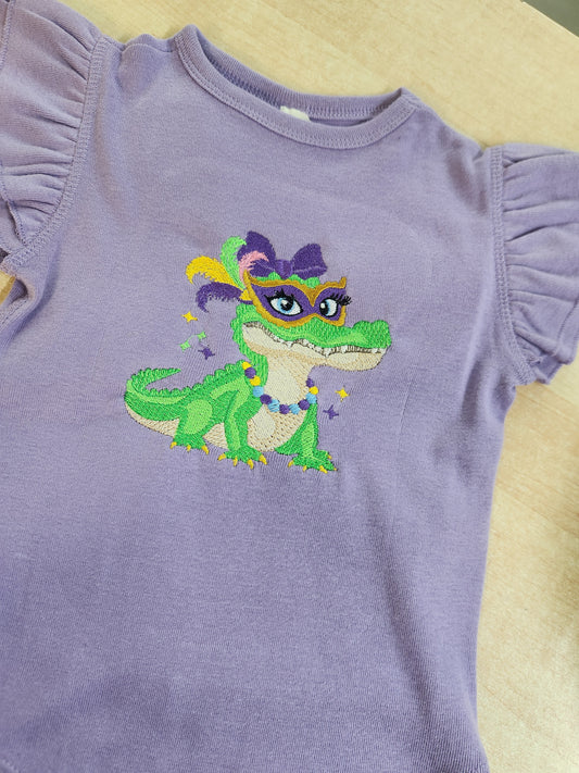 Mardi Gras Gator Embroidered Tee Ruffle Sleeve