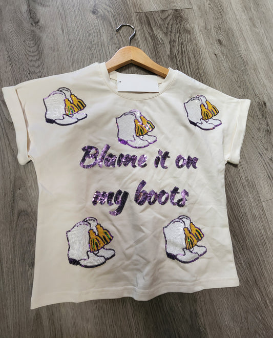 Blame It on My Boots Sequin Mardi Gras Tee