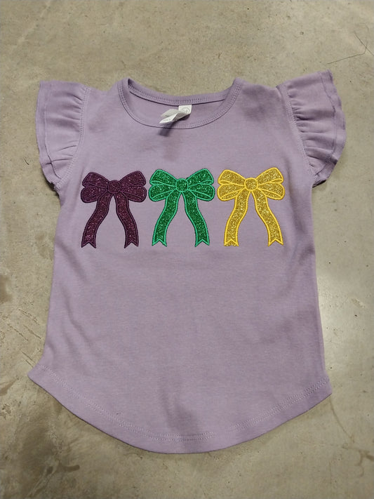 Mardi Gras Triple Bow Embroidered Ruffle Sleeve Tee