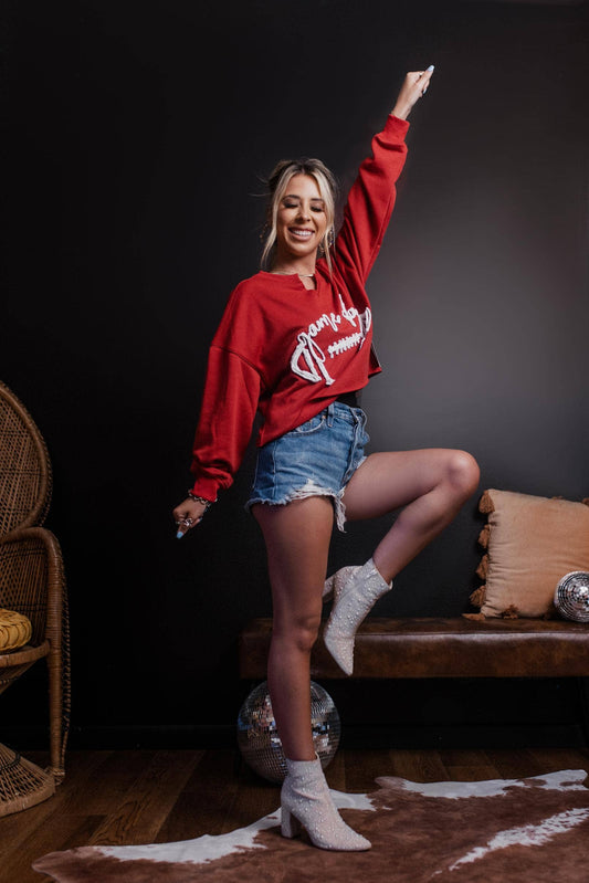 Game Day Rope Embroidery Crop Sweatshirt- Red