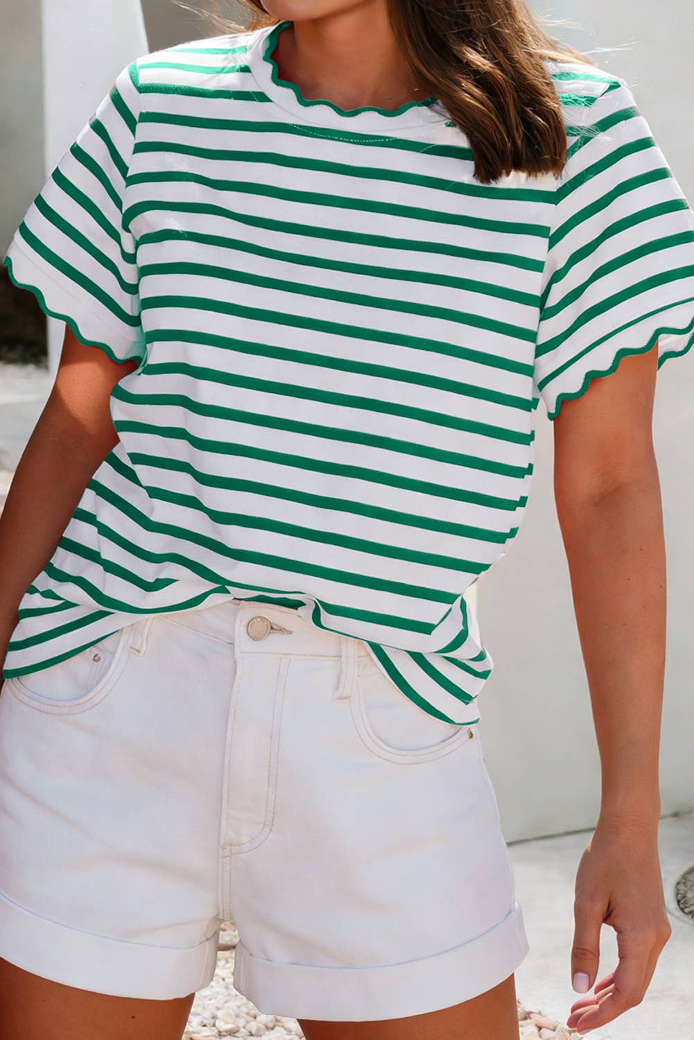 Scalloped Trim Round Neck Stripe Tee