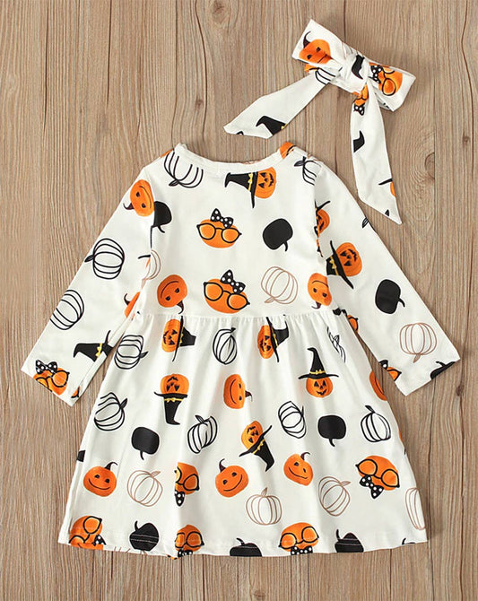Witch Pumpkin Print White Dress & Headband