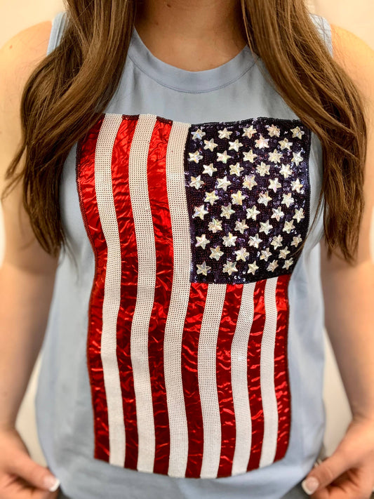 USA Flag Sequin & Metallic Embroidery Tank- Blue