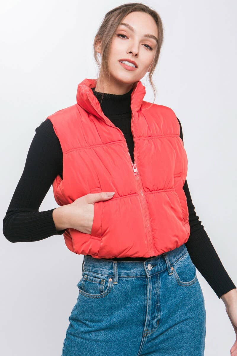Puffer Vest With Pockets- Fuchsia