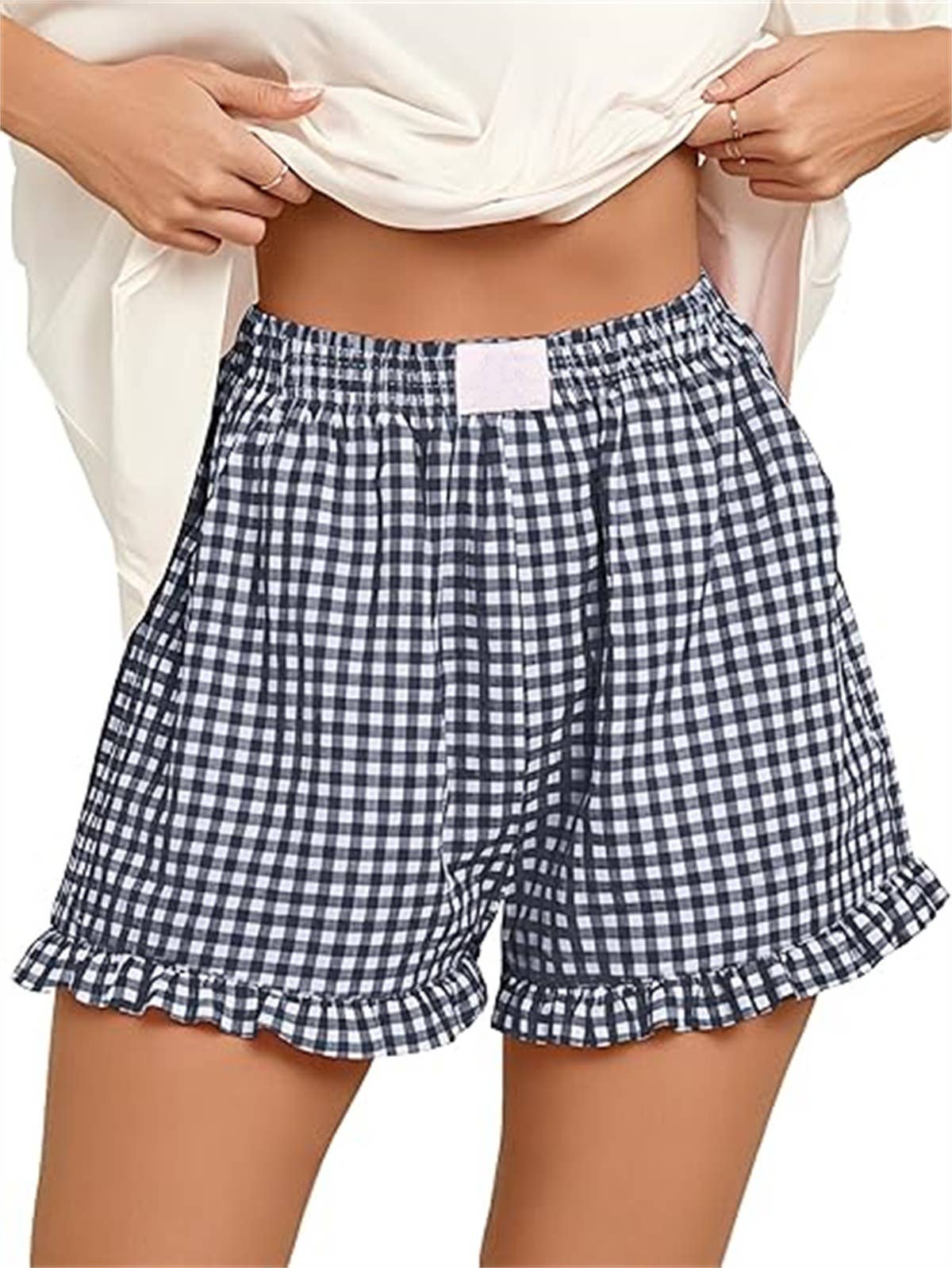 Red Check Print Ruffle Shorts