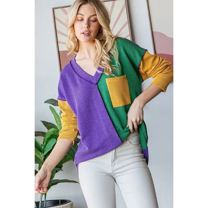 Mardi Gras Ribbed Long Sleeve Top