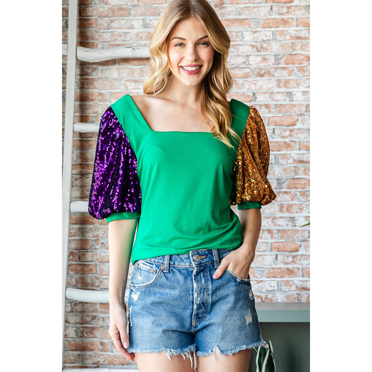 Mardi Gras PGG Sequin Puff Sleeve Top Kelly Green Belly