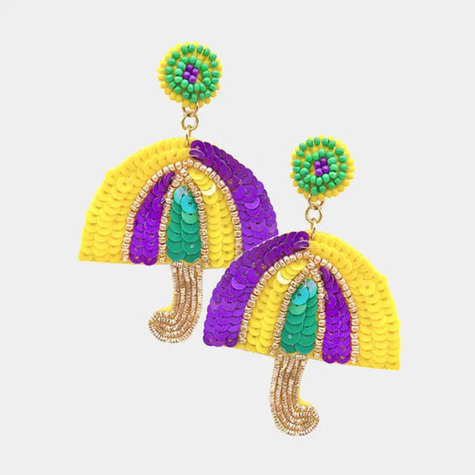 Mardi Gras Sequin Umbrella Dangle Earrings