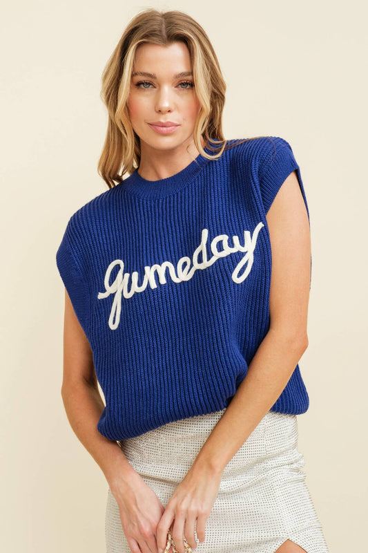 Gameday Embroidered Sleeveless Sweater Vest- Royal Blue