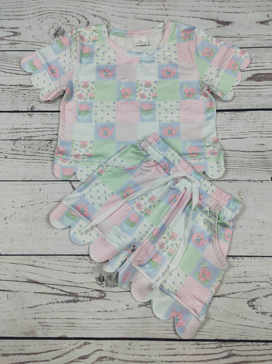 Flower Printed Scallop Shorts Set