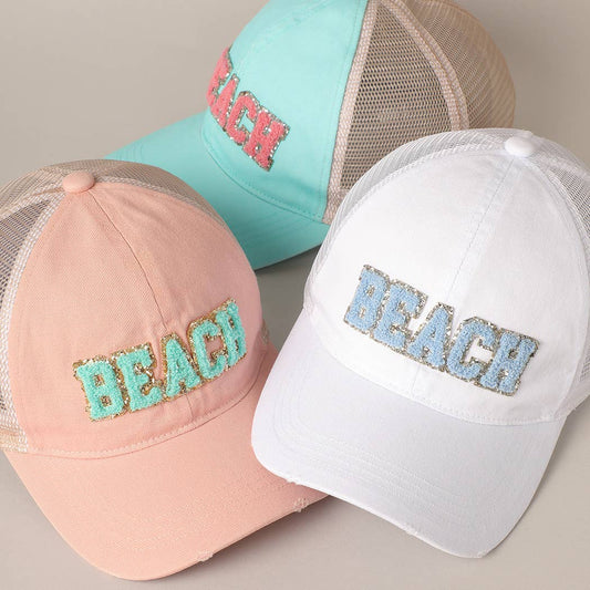 BEACH Chenille Letter Patch Mesh Back Baseball Cap- Hot Pink