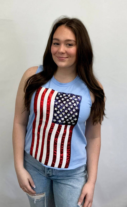 USA Flag Sequin & Metallic Embroidery Tank- Blue