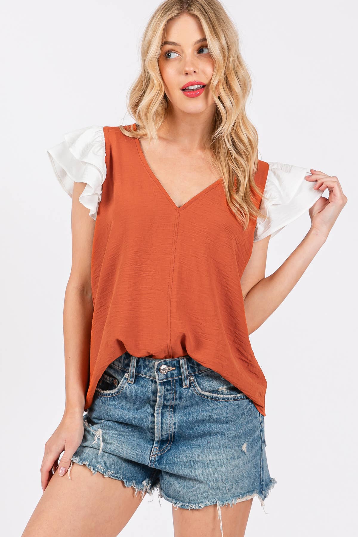 Game Day Contrast V-neck Flutter Sleeve Top- Crimson/ White