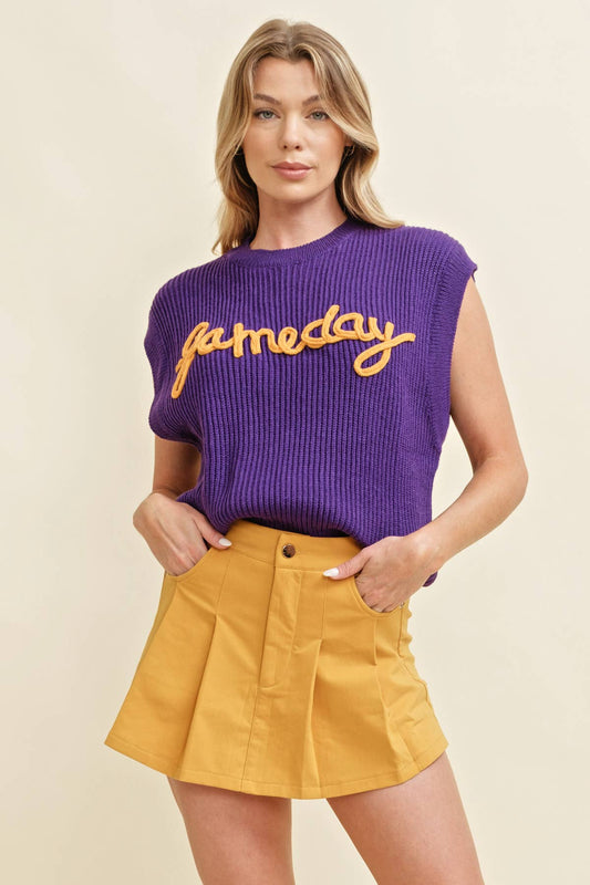 Gameday Embroidered Sleeveless Sweater Vest- Purple