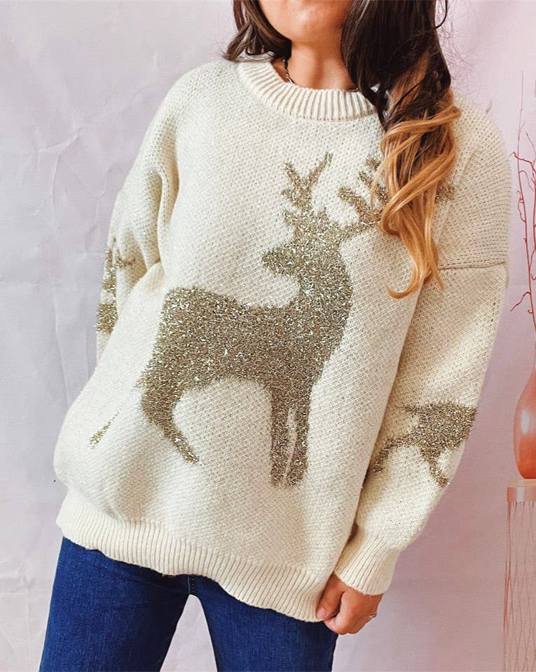 Fawn Gold Christmas Knitted Sweater- Red