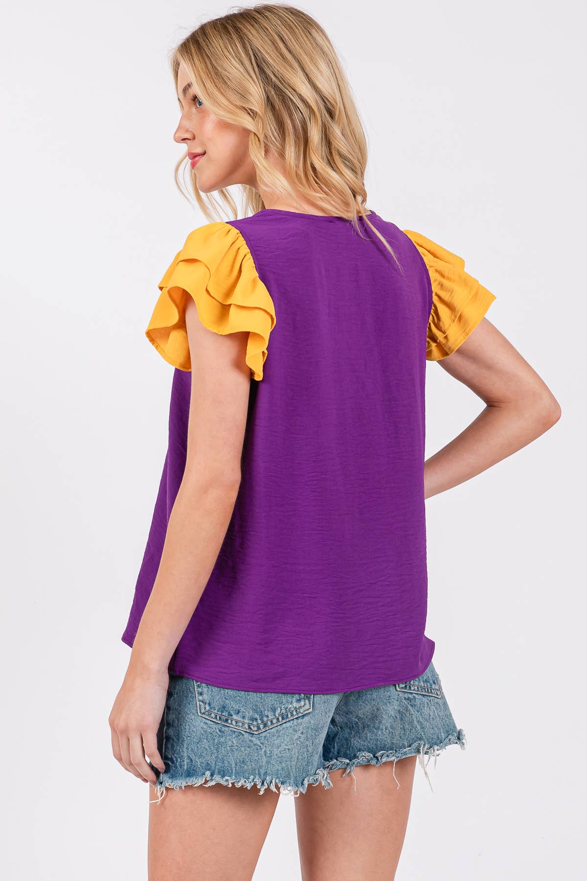Game Day Contrast V-neck Flutter Sleeve Top- Purple/ Yellow