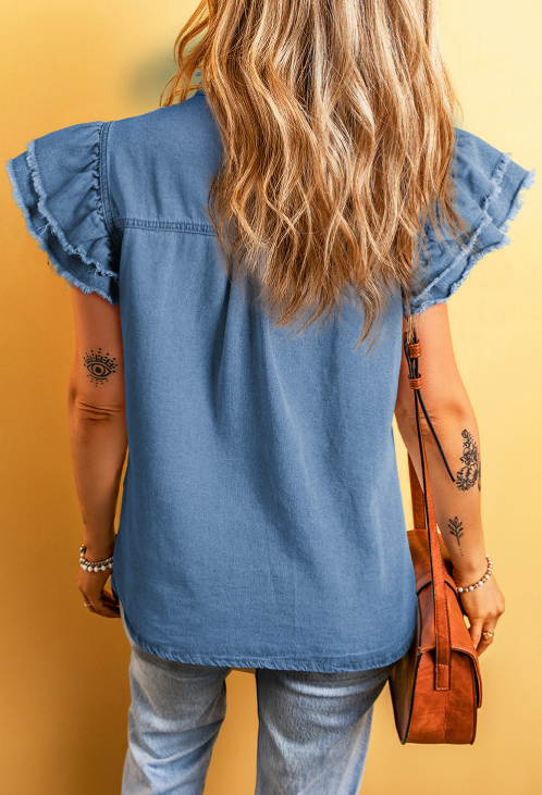 Beau Blue Button Ruffled Top