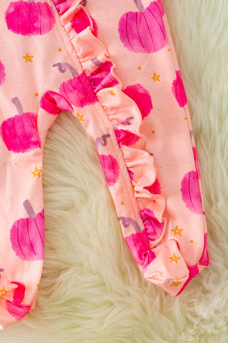 Hot Pink Pumpkin Printed Baby Onesie with Ruffle Trim