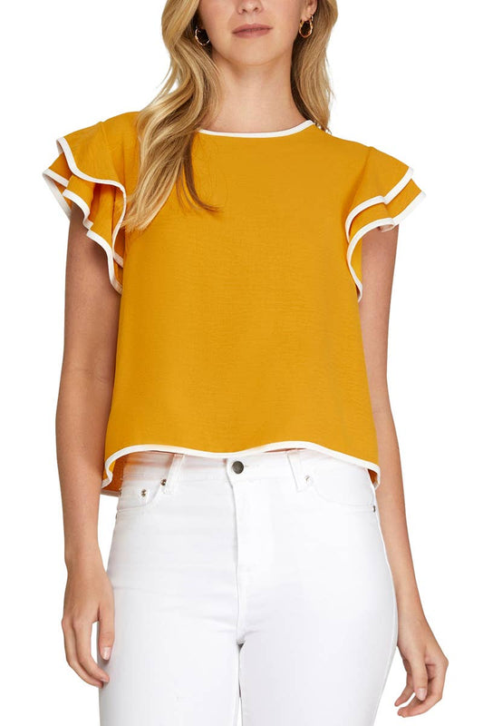 Game Day Ruffle Sleeve Contrast Piping Top- Black