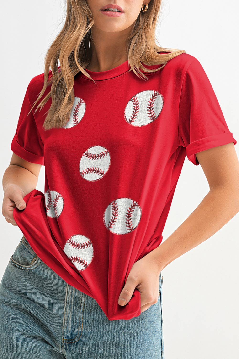 Sequin Basball Patch Graphic T Shirt