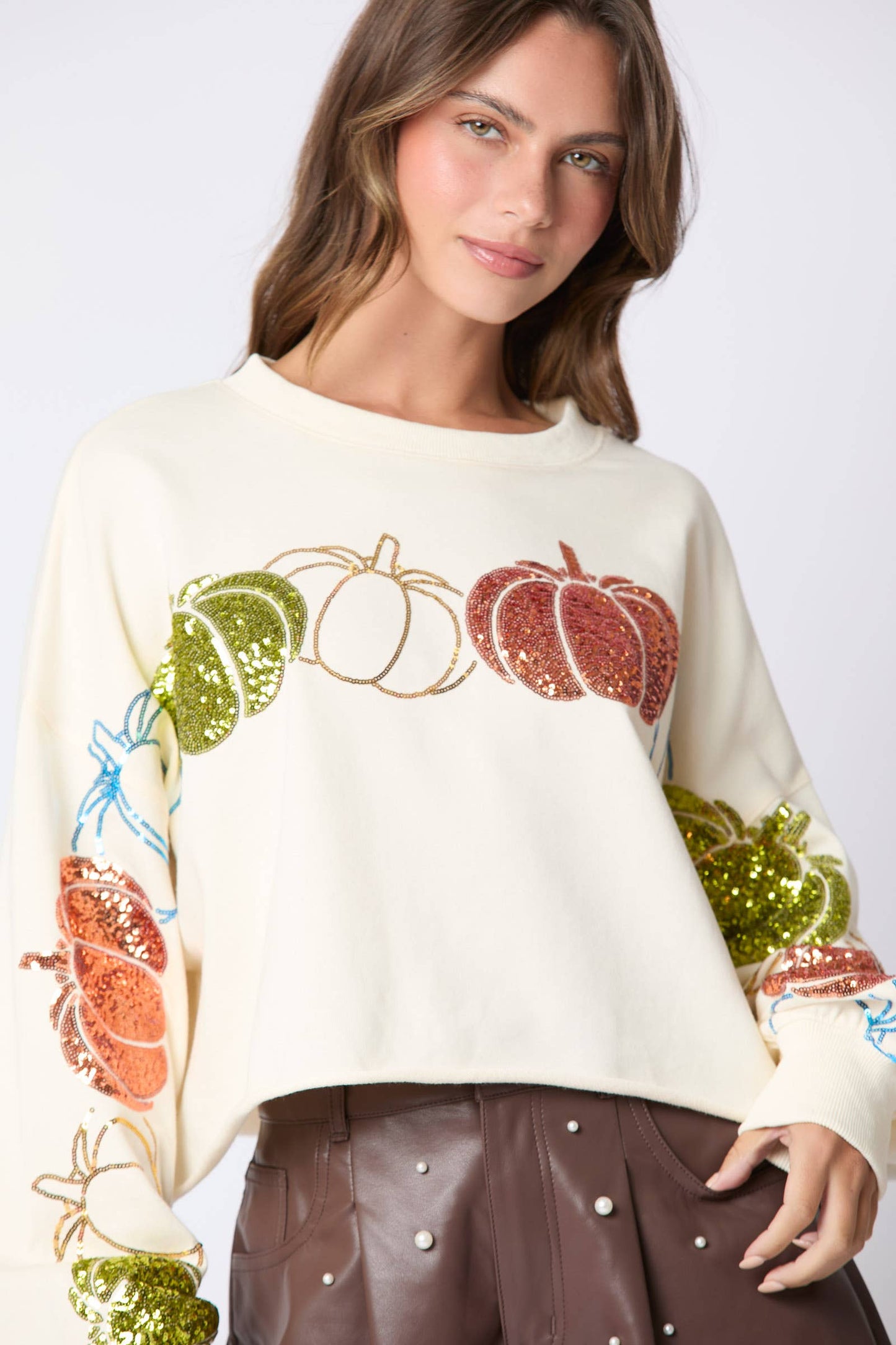 Thanksgiving Pumpkin Sequins Embroidery Sweatshirt- Cream