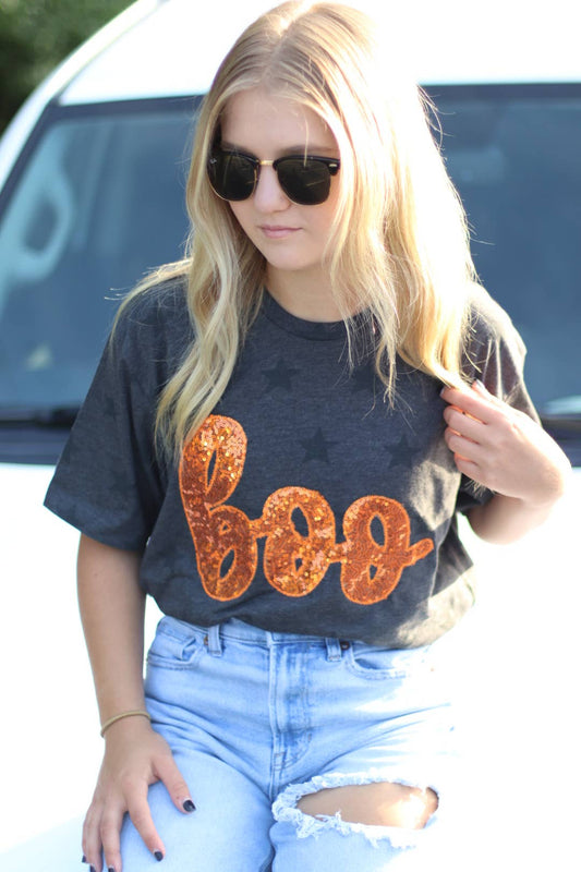 Orange Boo on Dark Gray Tee with Stars