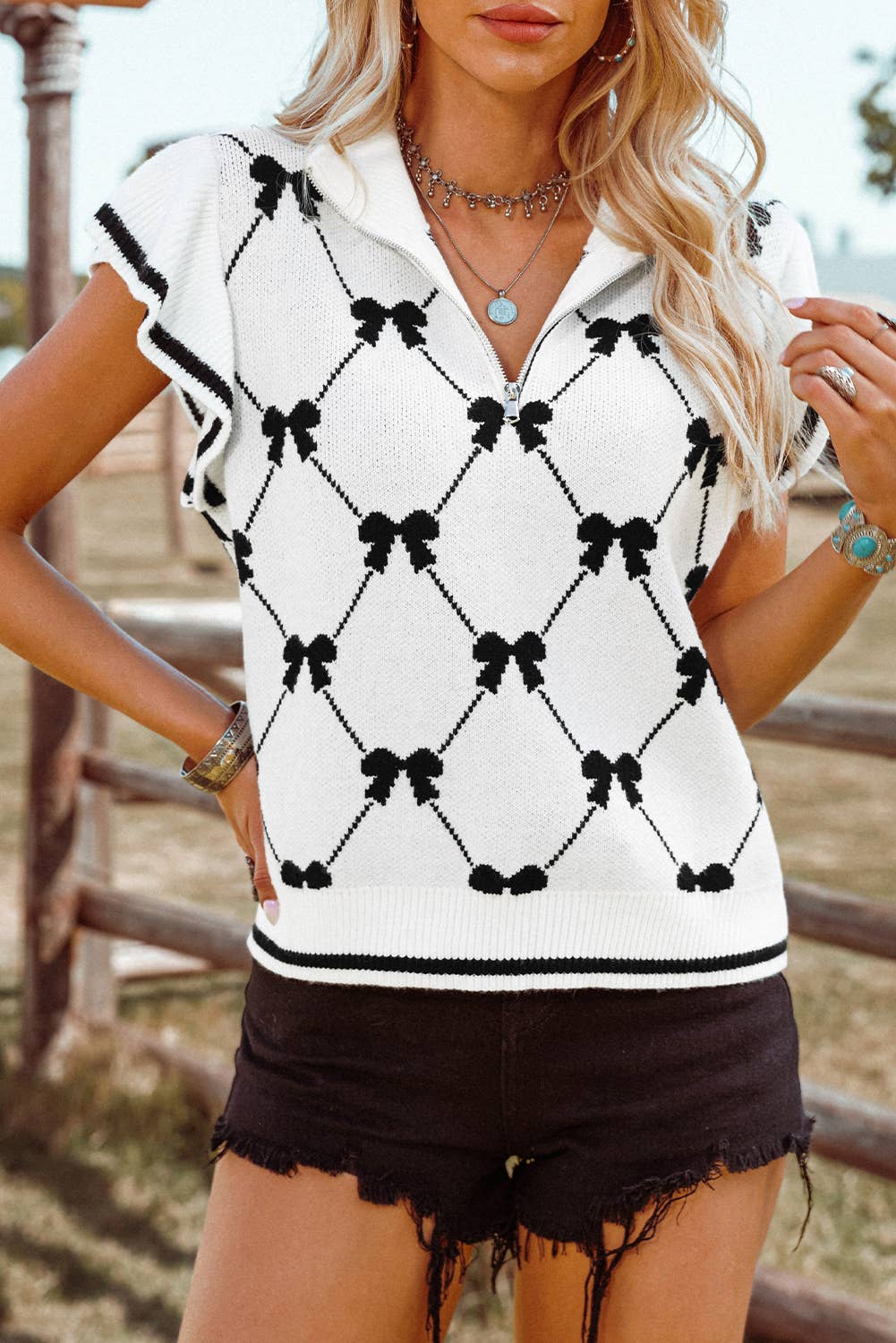 Fashion-W Preppy Vibes Bow Print Zipped Collar Sweater Tee- White