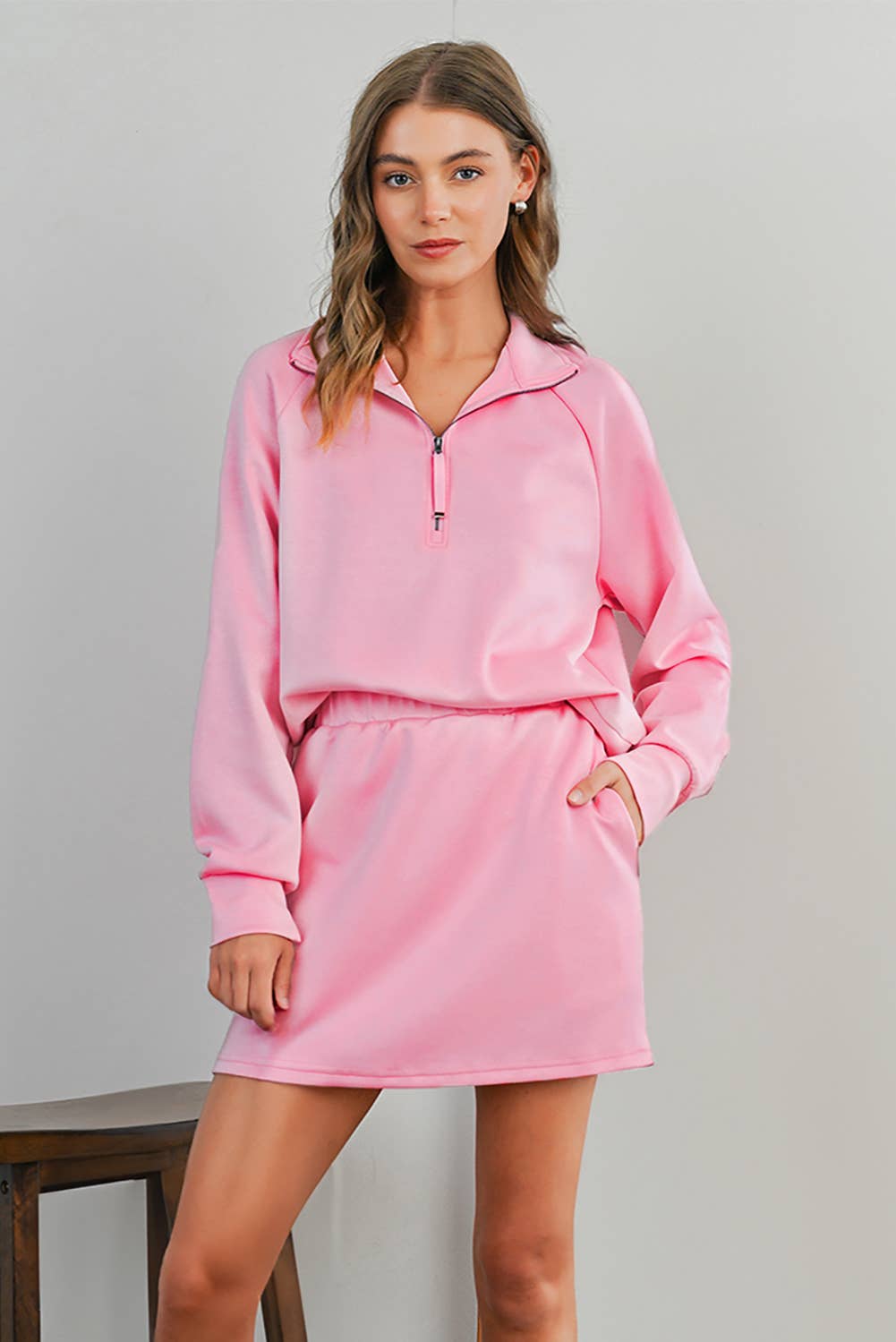 Solid Half Zip Front Pullover & Mini Skirt