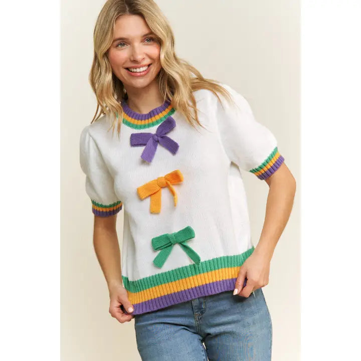 Mardi Gras Bow Detail Puff Sleeve Pullover Top- White