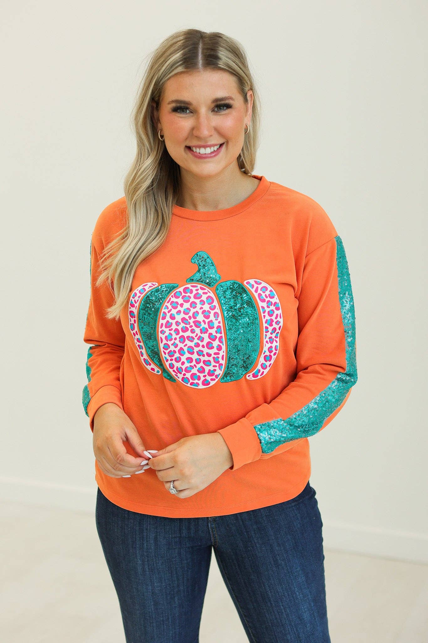 Orange Pumpkin Sequin Sleeve Sweater