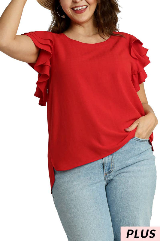 Boxy Cut Round Neck Layered Ruffle Sleeve Top- Red