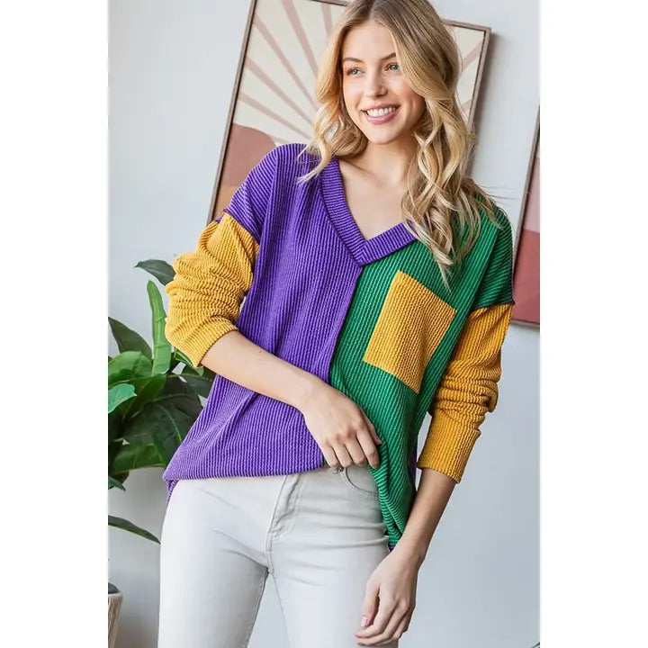 Mardi Gras Ribbed Long Sleeve Top