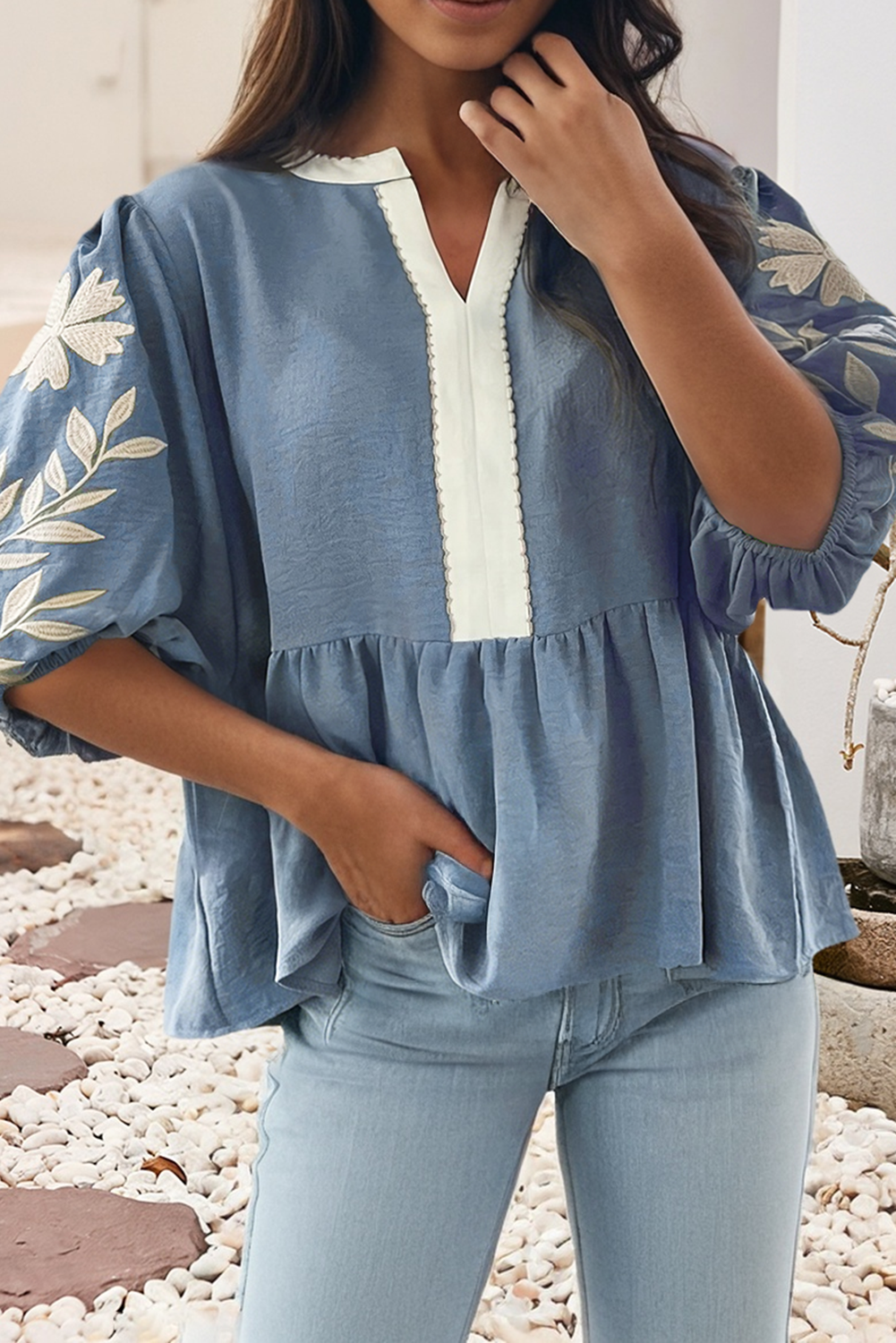 Patchwork Embroidered Puff Babydoll Blouse