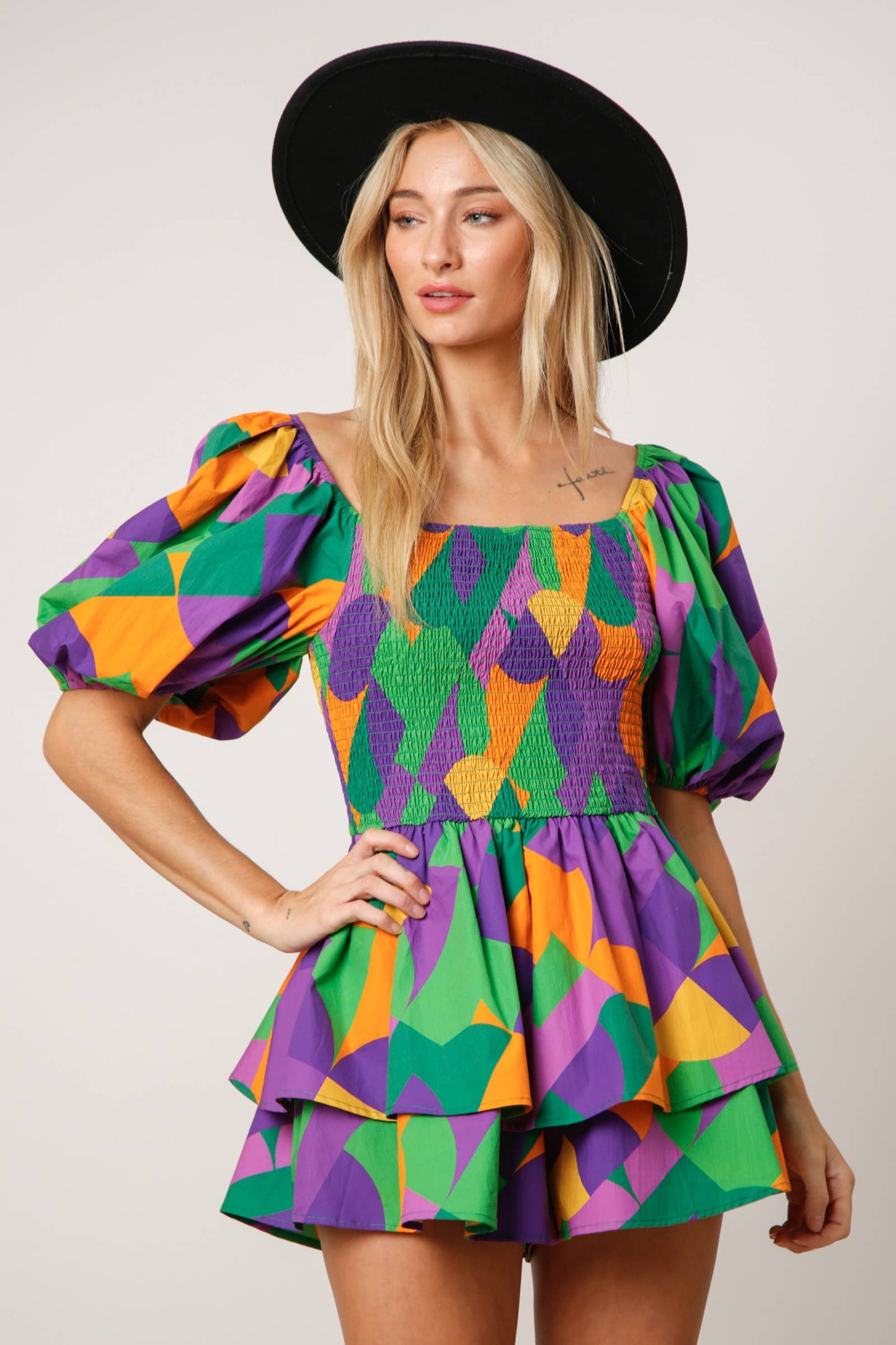 Mardi Gras Geo Print Smocked Romper