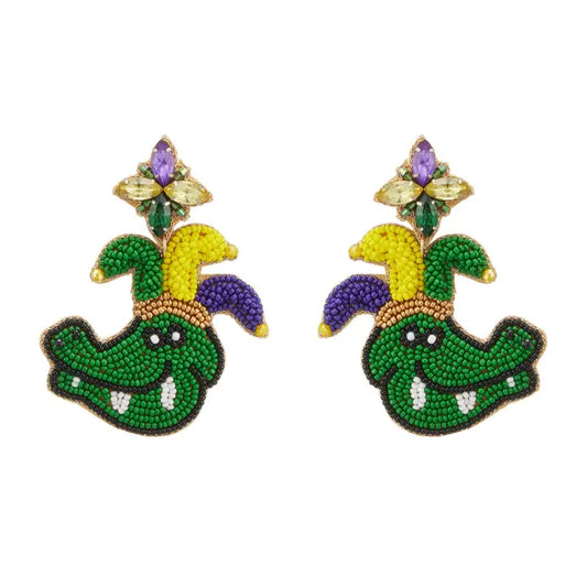 Mardi Gras Crocodile Seed Beads Earring