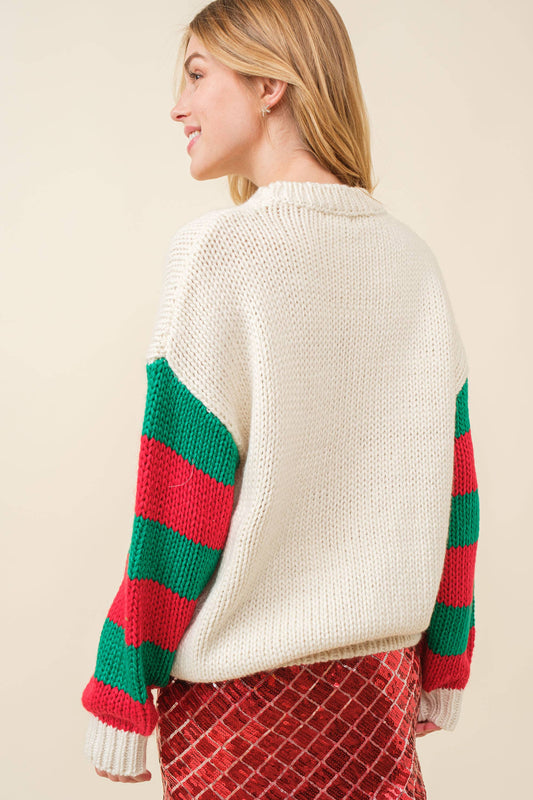 Merry Letter Stripe Trim Oversize Sweater- Ivory