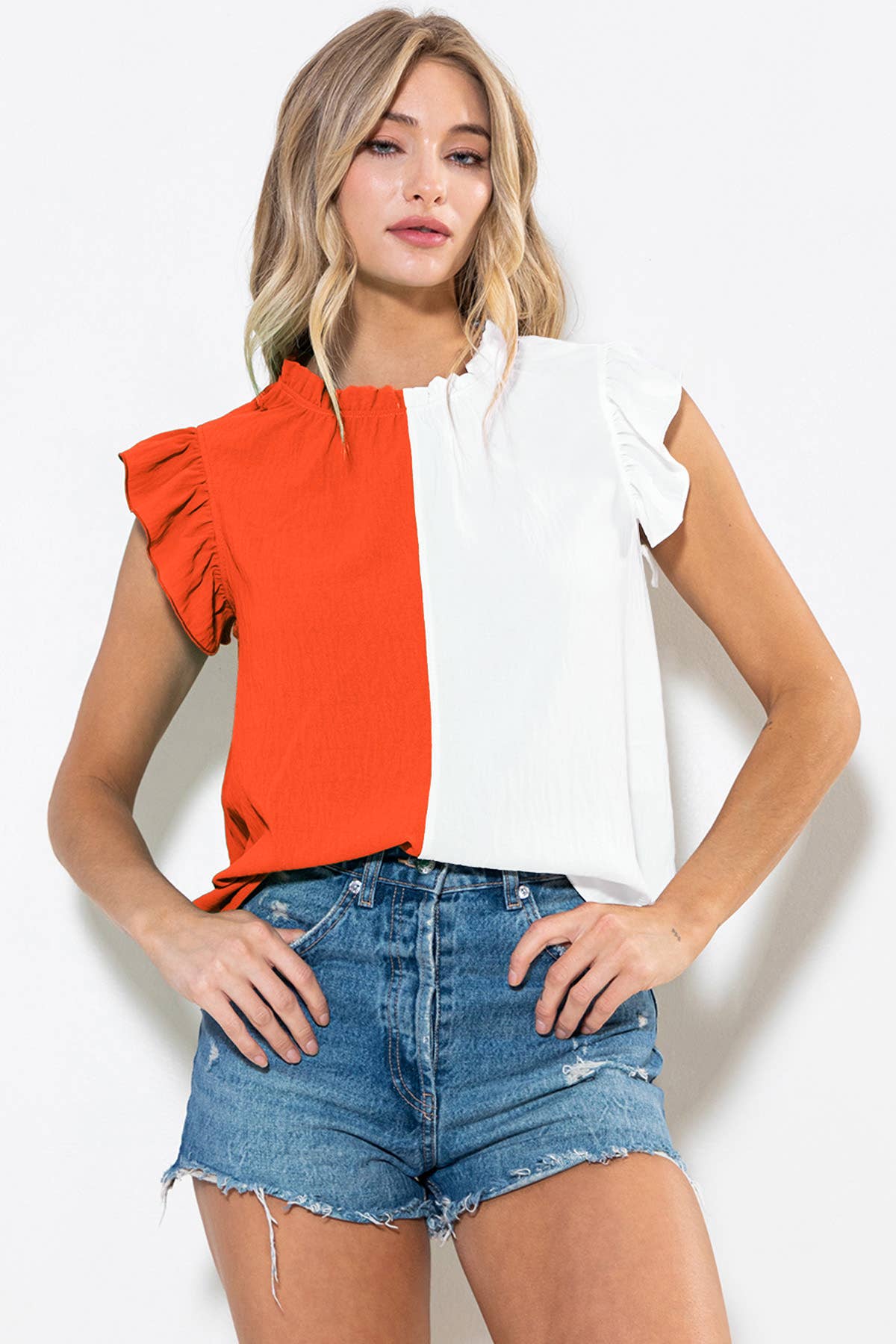 Game Day Ruffle Sleeveless Woven Blouse Top- Navy/ White