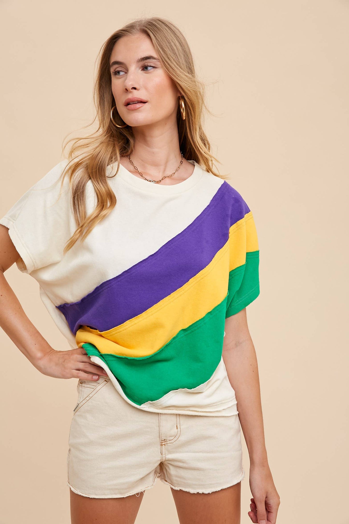 Mardi Gras Asymmetrical Color Block Pullover- Cream Combo