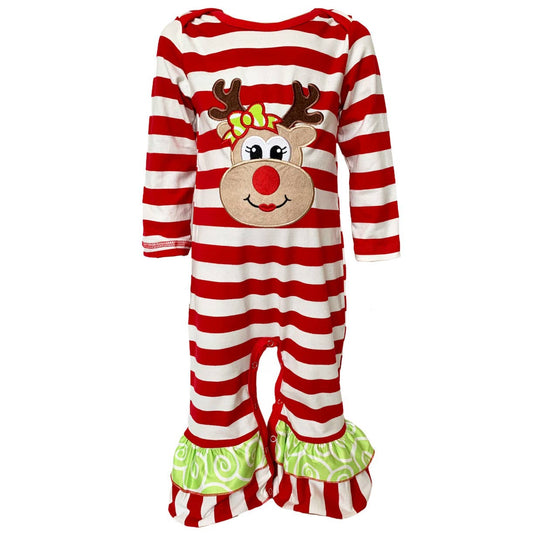 Girls Christmas Romper Reindeer Red Stripes