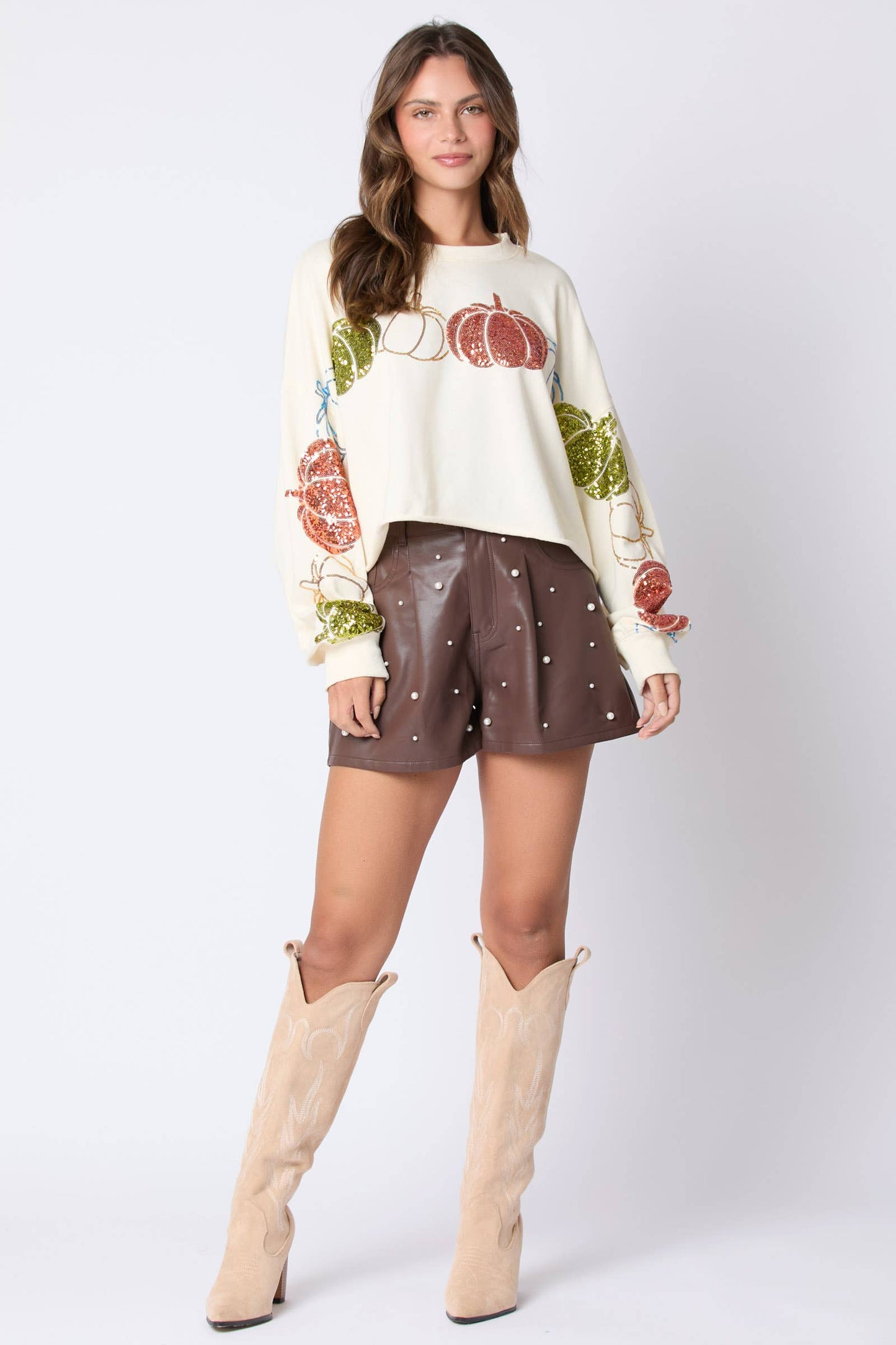 Thanksgiving Pumpkin Sequins Embroidery Sweatshirt- Cream
