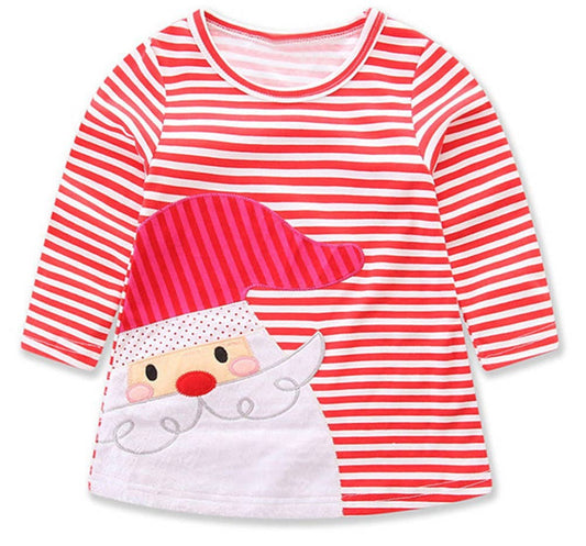 Red & White Cotton Striped Little Girl Santa Dress
