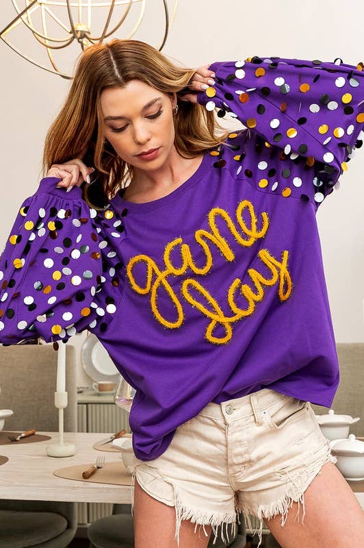 Game Day Metallic Letter Spangled Sweatshirt- Purple