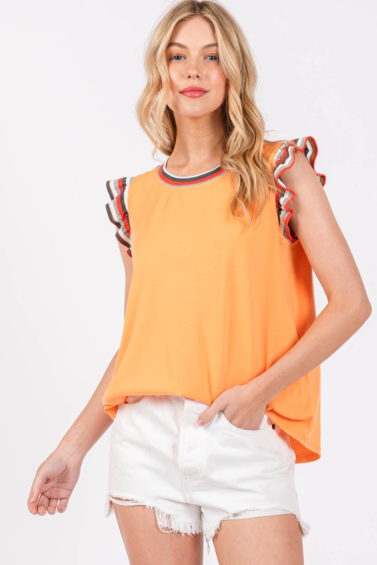 Contrast Striped Sleeveless Round Neck Top- Off White