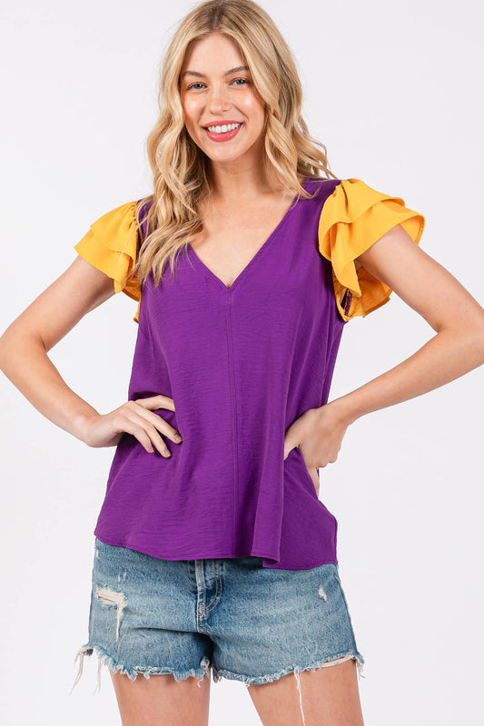 Game Day Contrast V-neck Flutter Sleeve Top- Purple/ Yellow
