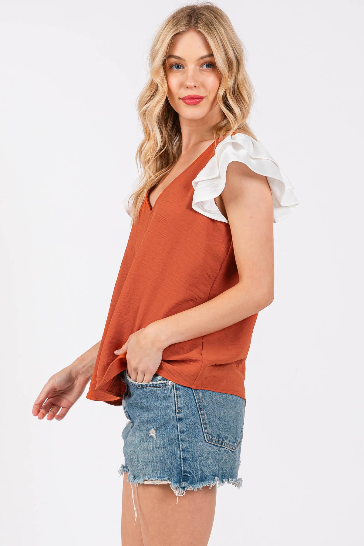 Game Day Contrast V-neck Flutter Sleeve Top- Crimson/ White