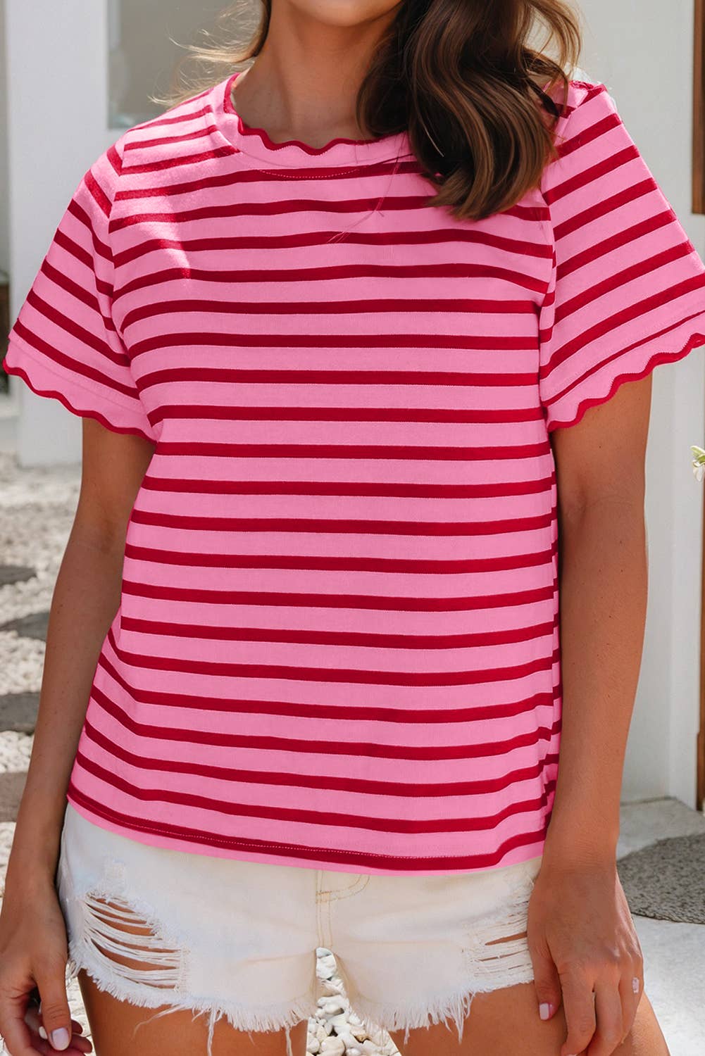 Scalloped Trim Round Neck Stripe Tee