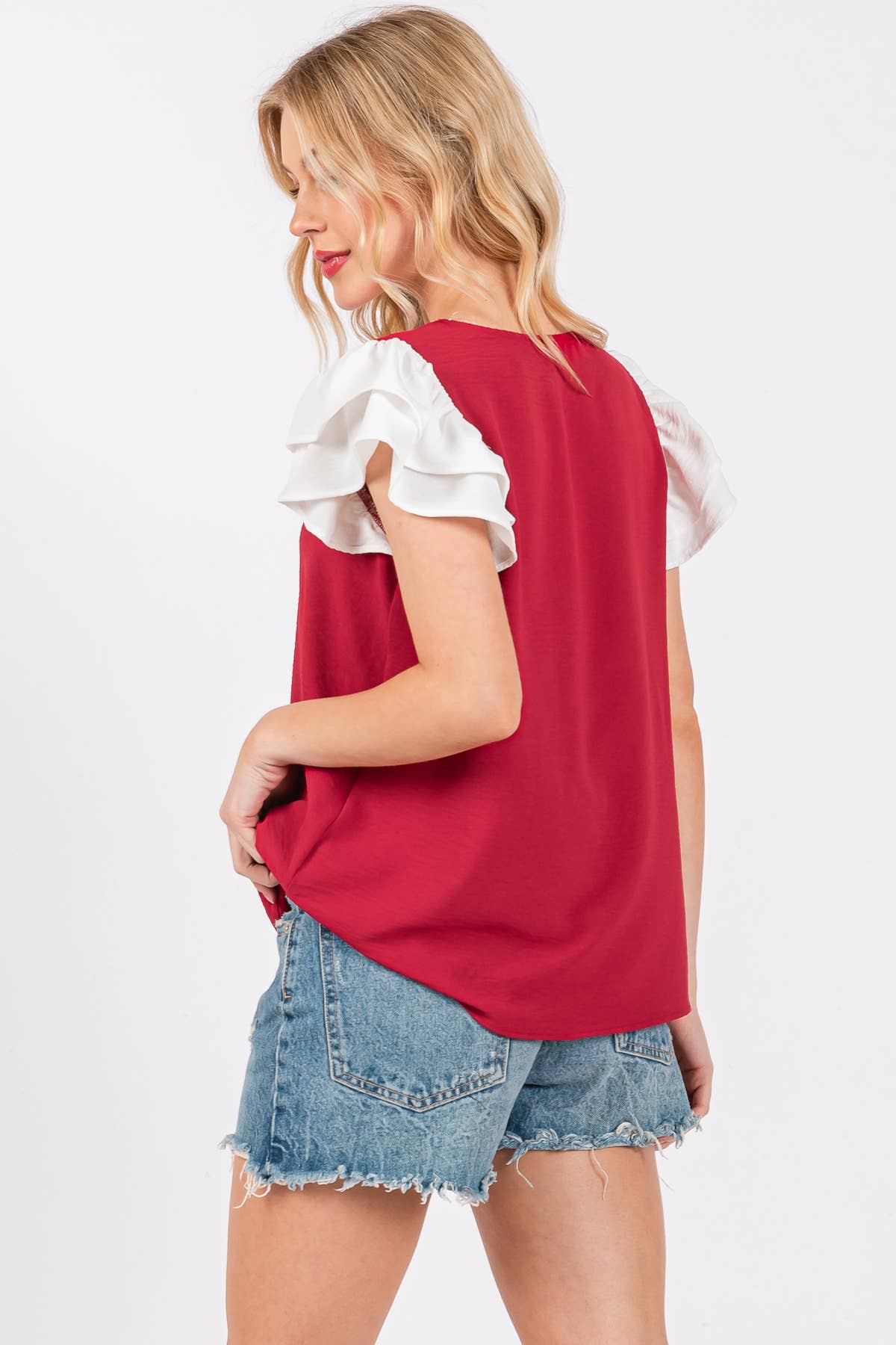 Game Day Contrast V-neck Flutter Sleeve Top- Purple/ Yellow