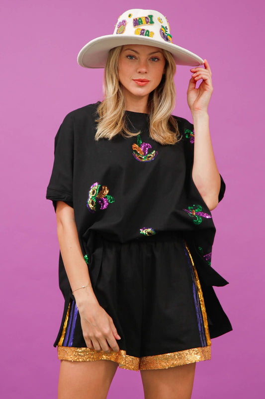 Sequin Mardi Gras Masks Loose Fit Shirt- White